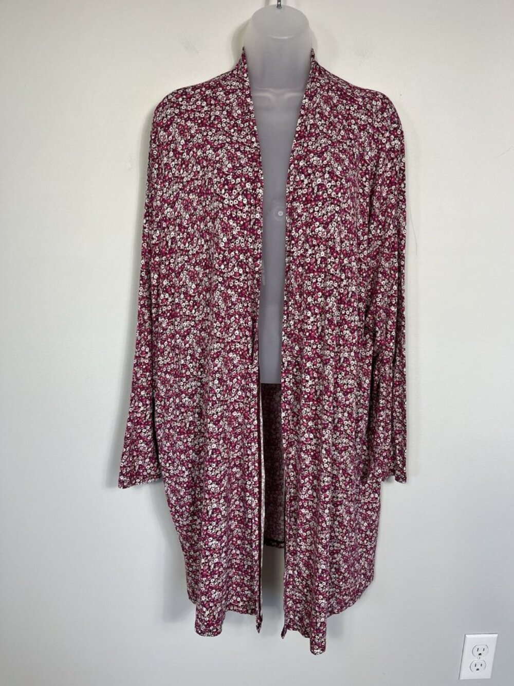 Lands End Sweater Women 1X Pink Ditsy Floral Open Cardigan Long Sleeve Pockets